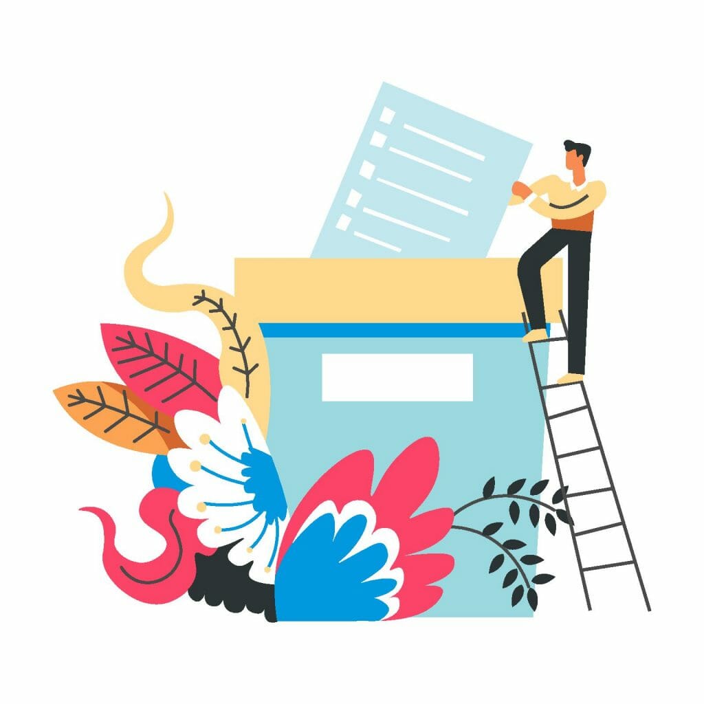 colorful illustration of a person planting a to-do list in a large planter